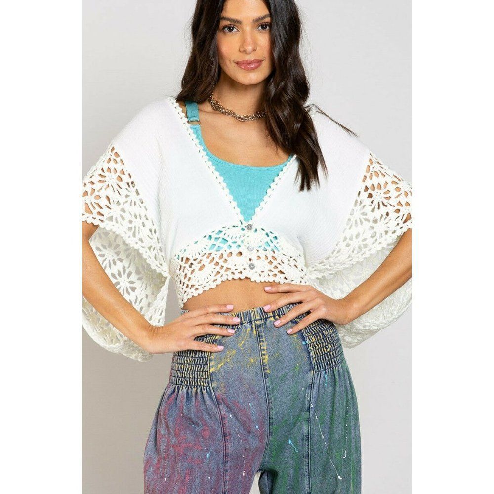 SALE! POL Clothing V-neck Line Sweater Vest Button Closure Macramé Beach Coverup